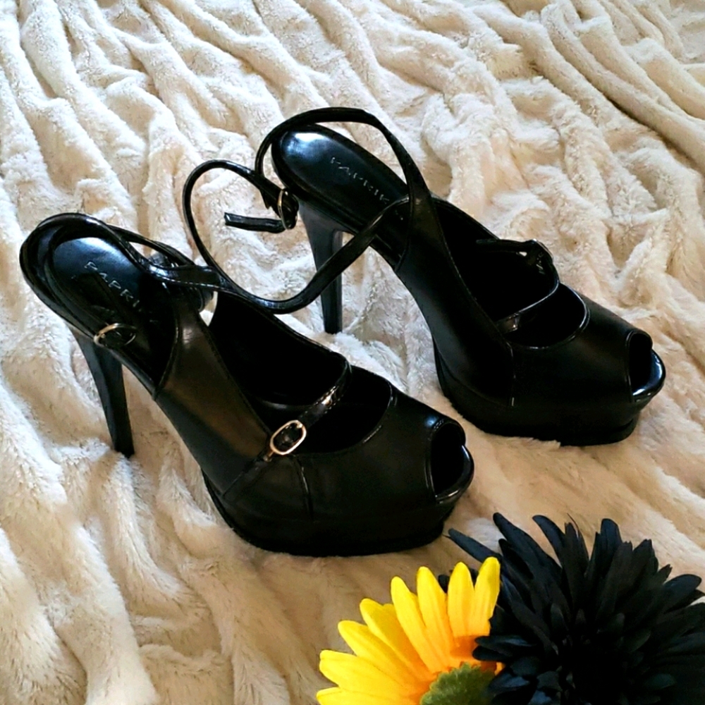 Paprika Platform Heels Black Ankle Wrap Peep Toe Black Women's 9